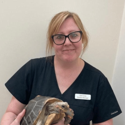Image shows practice Manager Gail Cross holding a turtle smiling
