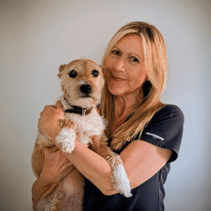 Image shows Blonde female veterinary receptionist at Chorley Vets holding a dog