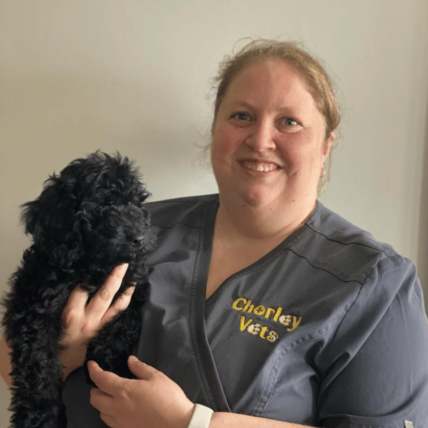 Image shows Veterinary care assistant at Chorley vets smiling holding a black toy poodle