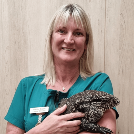 Image shows Sonia Green practice owner at Chorley vets holding a large reptile