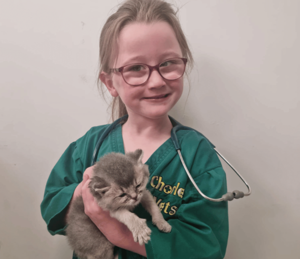Image shows little girl with glasses dressed as a vet holding a kitten